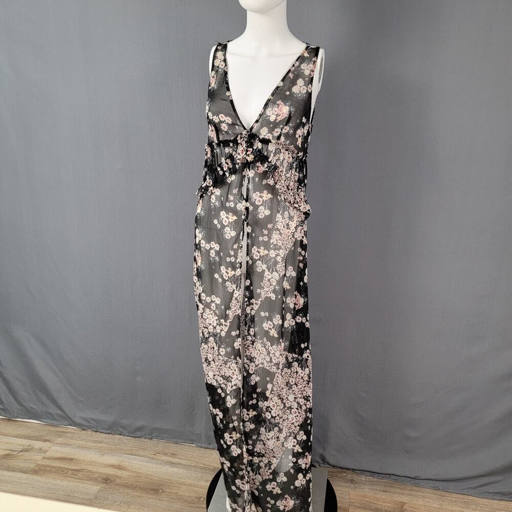 Zara Trafaluc Black Floral Sheer Maxi Dress Boho Ruffle Tie Front Festival EUC